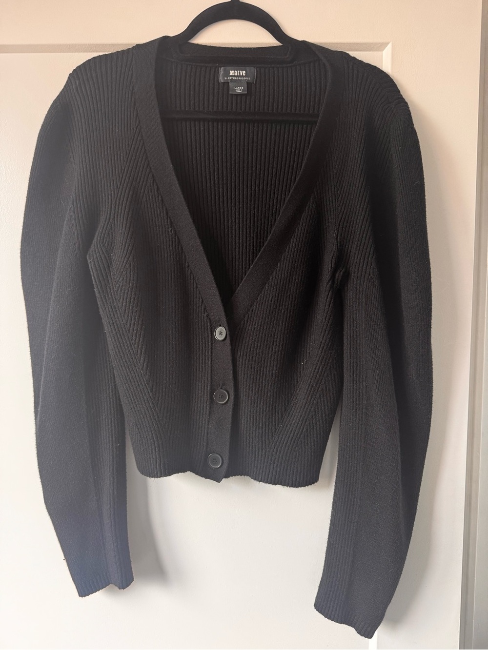 Maeve cropped  Black Ribbed V-Neck Button Cardigan Sweater
